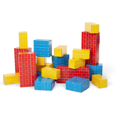 Colorful building blocks in red, blue, and yellow on a white background