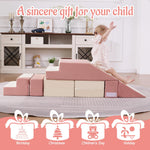 MOOZHEALTH Toddler Foam Climbing Blocks|Modular Kids Soft Play Couch Sofa with 2 Ottomans Indoor,Baby Crawling & Sliding Foldable Soft Play Set with Stair,Beige & Pink