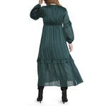 Motherhood Maternity Women's Long Sleeve V-Neck Tiered Maxi Pregnancy Dress with Drawstring, Forest Biome, X-Large