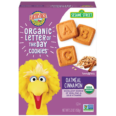 Box of Earth's Best Organic Sesame Street Letter of the Day Cookies with a character on a purple background