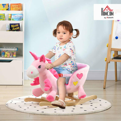 Qaba Baby Rocking Horse, Ride on Unicorn with 32 Songs, Toddler Rocker Toy with Wooden Base Seat Safety Belt for 1.5-3 Year Old, Pink