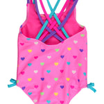 RuffleButts Girls UPF50+ Sun Protection Tie Shoulder/Cross Back One Piece Swimsuit - Neon Pink Colorful Hearts, 2T