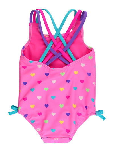 RuffleButts Girls UPF50+ Sun Protection Tie Shoulder/Cross Back One Piece Swimsuit - Neon Pink Colorful Hearts, 2T