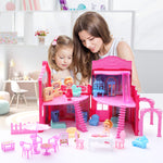 BRAITEN Doll House, with 4 Rooms, 2 Dolls, Toy Furniture Accessories, Pet Play Area，Slide Dollhouse Dlayset, Dollapsible Portable Playhouse with Lights for Little Girls
