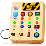 Wooden control panel with colorful buttons and a power sign on a white background