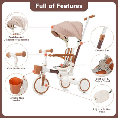 7 in 1 Toddler Tricycle with Parent Push Handle, Removable Pedals & Canopy, 5-Point Safety Harness - Portable Folding Trike Bike for Kids Ages 1-6 Years Old (Ivory and Brown)