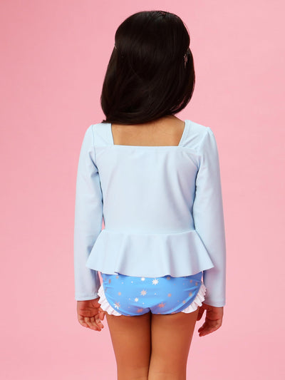 RuffleButts Girls UPF50+ Princess Dress-Up Long Sleeve Rash Guard 2-Piece Swimsuit - Crystal Blue Princess, 2T