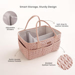 Konssy Braided Quilted Diaper Caddy Organizer, Boho Nursery Storage Basket with PU Leather Handles, Water-Repellent Portable Diaper Basket for Changing Table, Newborn Essentials (Taupe)