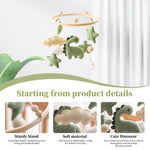 Soft Green Dinosaur Theme Baby Mobile for Crib, Simple Crib Bell for Boys and Girls,Handmade Felt Clouds Nursery Ceiling Decoration,Easy to Install Cotton Animal Charms for Bassinet