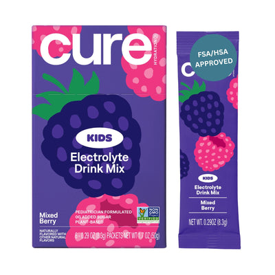 Cure Kids Electrolyte Drink Mix packaging with a purple and pink design.