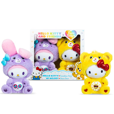 Colorful plush toys inspired by Hello Kitty and Care Bears with packaging in the background.