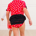 RuffleButts Girls UPF50+ Sun Protected Short Sleeve Rash Guard Bikini - Red Vintage Polka Dot, 3-6m