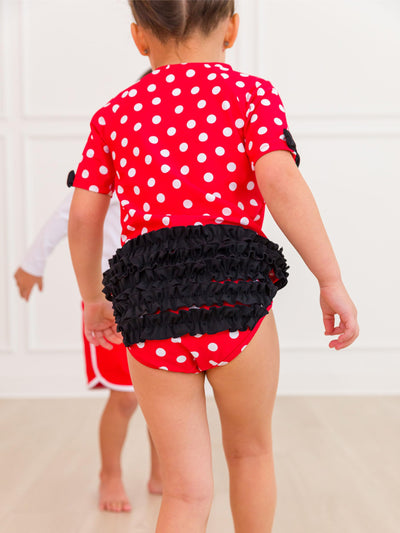 RuffleButts Girls UPF50+ Sun Protected Short Sleeve Rash Guard Bikini - Red Vintage Polka Dot, 3-6m