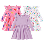 PATPAT 3-Pack Toddler Dresses – Long Sleeve Cat Print Set for Preschool Girls’ Everyday Look, 4-5T, Purple Cat