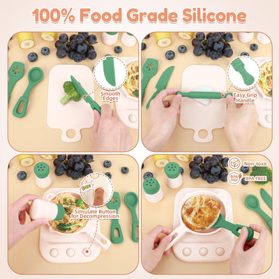 TYRY.HU 11Pcs BPA Free Kids Play Kitchen Accessories Toy, Silicone Pretend Play Food Sets,Cooking Toys Set with Pots & Pans,Pretend Cooking Toys, Montessori Learning Gifts for Toddlers 1-3,Green