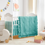 Tufted Ruffle Crib Bedding Set 3 Pieces Baby Girls Boys Boho Quilted Comforter with Fitted Sheet and Bed Skirt - Cute Ruffled Shabby Chic Baby Bedding Soft Blanket Design Teal Blue