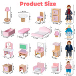 Kizfarm Wooden Dollhouse Furniture Set with 4 Family Dolls, 26 Pcs Pretend Play Dollhouse Accessories for 4 Rooms, Pink Furniture Toys Birthday Gifts for Girls Boys Age 3+