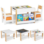 Costzon Kids Table and Chairs, 4 in 1 Wooden Activity Desk Set w/Reversible Tabletop, Bookshelves & Storage Drawers for Drawing, Reading, Crafts, Playing, Toddler Table and Chair Set (Natural)