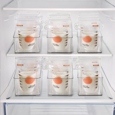 Hudgan 4 Pcs Storage Container Breastmilk for Fridge, Clear Organizer Bins for Milk Bags, Plastic Storage Bins for Freezer, Pantry, Bottles Bathroom, Vanity, Drawer and Yogurts
