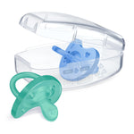 Chicco PhysioForma Silicone Orthodontic Pacifier for Babies 6-16m, One-Piece 100% Soft Silicone, Supports Breathing, Satin-Textured Nipple, Included Sterilizing Case, BPA Free, 2-Pack, Blue/Green