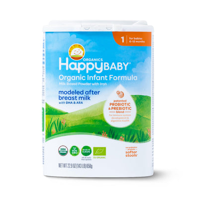 Happy Baby organic infant formula packaging on a white background