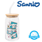 Silver Buffalo Sanrio Hello Kitty and Friends Cinnamoroll Polaroids Glass Jar Tumbler with Bamboo Lid and Glass Straw, 16 Ounces