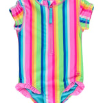 RuffleButts Girls UPF50+ Sun Protection Front Zipper Short Sleeve Rash Guard One Piece Swimsuit - Neon Rainbow Stripe, 2T