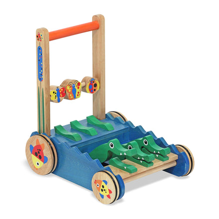 Wooden toy with colorful wheels and a green base on a white background