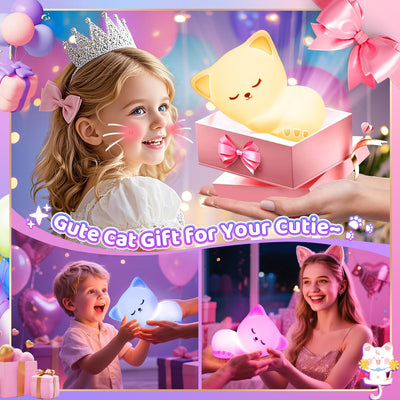 Night Light for Kids,16 Colors Cat Lamp Cute Lamp,Dimmable Baby Night Lights for Nursery,Silicone Rechargeable Nightlight for Kids Room,Kawaii Room Decor,Cat Themed Gifts,Valentines Day Gifts for Kids