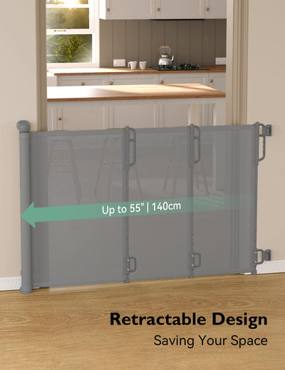 Momcozy Auto Lock Retractable Baby Gate, Safety Gate for Baby and Pet, 33” Tall, Extends to 55” Wide, Mesh Safety Dog Gate for Stairs, Indoor, Outdoor, Doorways, Hallways