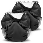 Two black cloth diapers with white interiors on a white background