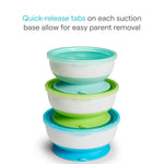 Munchkin Stay Put Suction Baby Bowls with Lids - Dishes for Babies and Toddlers, Self-Feeding Bowl Set for Kids 6+ Months, 3 Pack, Blue/Green