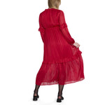 Motherhood Maternity Women's Long Sleeve V-Neck Tiered Maxi Pregnancy Dress with Drawstring, Barbados Cherry, Large