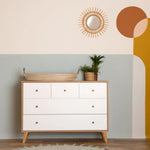 dadada Austin 5-Drawer Dresser for Nursery and Bedroom - Modern Design, Large Storage, Baby-Safe Finish, Anti-Tip Safety, Solid Wood Feet, Durable Construction (White + Red Oak)