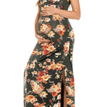 Smallshow Women's Split Long Maternity Dress Sleeveness Ruched Pregnancy Clothes Large Floral Orange