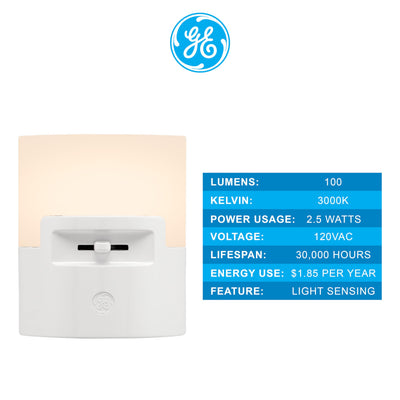 GE Ultrabrite LED Night Light, Dimmable, 100 Lumens, Plug-in, Dusk to Dawn Sensor, UL-Listed, Ideal for Bedroom, Bathroom, Nursery, Kitchen, Hallway, 45125, 1 Pack, White