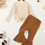 Kucnuzki 3T 4T Girl Clothes Toddler Girl Outfit Long Sleeve Plain T Shirts Tops Bell Bottoms Brown Pants Little Girl Outfit Fall Winter Clothes
