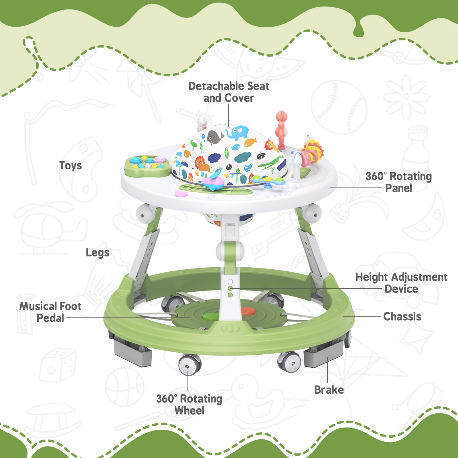 Baby Walker Foldable, 4-in-1 Toddler Infant Walkers with Wheels, 360-degree Rotatable Play Tray, for Boys and Girls 6-18 Months- Activity Center, 3-Gear Height Adjustable, Music and Lights(Green)