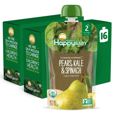 Happy Baby organic baby food pouch with packaging on a white background