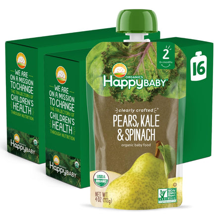 Happy Baby organic baby food pouch with packaging on a white background