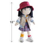 HABA 12" Soft Doll Yuki with Black Hair, Embroidered Face, Stylish Bucket Hat and Clothes - Washable Toddler Baby Doll for 18 Months+