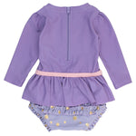 RuffleButts Baby Girls UPF50+ Princess Long Sleeve Bow Skirted One Piece Swimsuit - Amethyst Princess, 18-24m