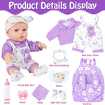 12" Baby Doll with Flower Pattern Backpack Carrier,12 Inch Realistic Baby Dolls with Clothes and Accessories Hanky Pacifier Bottle Diaper Toy Pretend Play Collection for 3+ Child Girls Gifts