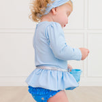RuffleButts Baby Girls UPF50+ Princess Long Sleeve Bow Skirted One Piece Swimsuit - Crystal Blue Princess, 12-18m