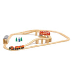 Wooden toy train set with tracks, bridge, and trees on a white background