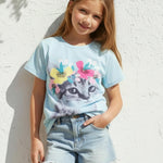 PATPAT Girls Shirts Size 11-12 Blue Cat Print Graphic Tees, Girls Clothes Size 10 12, Crew Neck Short Sleeve Blue Tops Children Clothes Going Out Outfit Preppy Tops