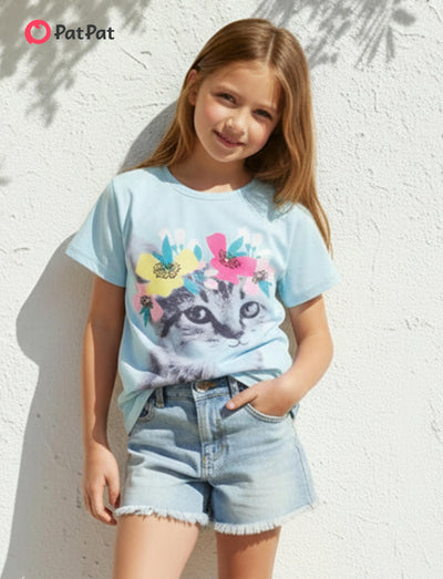 PATPAT Girls Shirts Size 11-12 Blue Cat Print Graphic Tees, Girls Clothes Size 10 12, Crew Neck Short Sleeve Blue Tops Children Clothes Going Out Outfit Preppy Tops