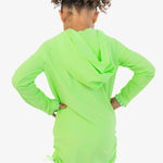 RuffleButts Girls UPF50+ Sun Protective Ruched Quarter-Zip Cover-Up - Neon Honeydew, 3-6m