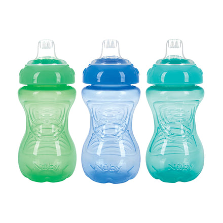 Three Nuby baby bottles in green, blue, and teal on a white background