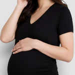 Motherhood Maternity Women's V-Neck Short Sleeve Side Ruched Bodycon Mini Pregnancy Dress, Black, Medium